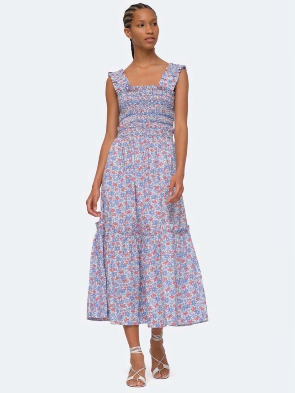 Sea New York Peggy Smocked Blue Floral Smocked Midi Dress Size Large